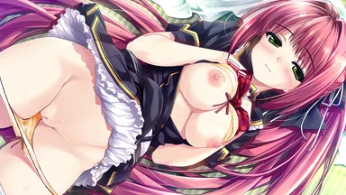 Topless pink hair girl wearing a uniform, with shirt and panty lifted down, revealing boobs and pussy