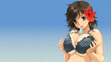 Short hair hazelnut girl with a big red flower on her head, wearing a dotted bra while licking an ice cream