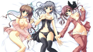 Three topless girls with large blue eyes lying on a white sheet, viewed from above