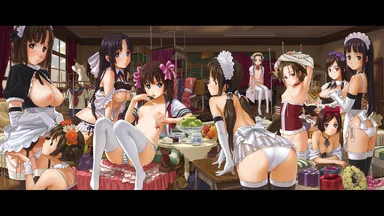 Lots of girls in a sexy maid outfit in a banquet room and food on the tables