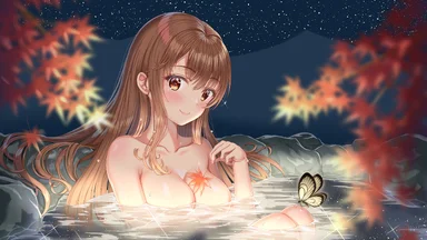 Hazelnut cutie in a water pond with a butterfly on her knee, with a night sky in the background