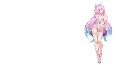 Topless girl with long pink and blue hair, eyes closed, standing on the right on a plain white background