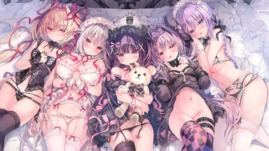 Five cuties in fine and beautiful lingerie, lying on a large bed