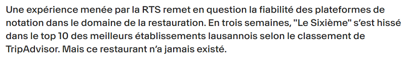 [Faux restaurant dans le top 10 sur TripAdvisor à Lausanne]