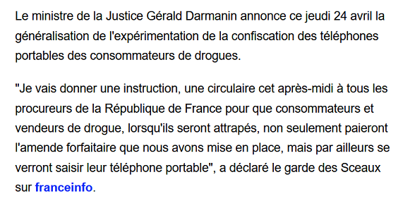[Annonce à la presse de Gérald Darmanin concernant la sanction de privation de téléphone pour les consommateurs de stupéfiants]