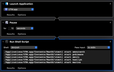 [Un workflow Automator permettant de démarrer UTM et les VM]