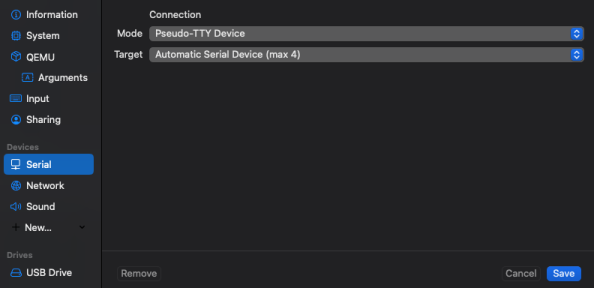 [Configuration d'un périphérique virtuel 'pseudo-terminal']
