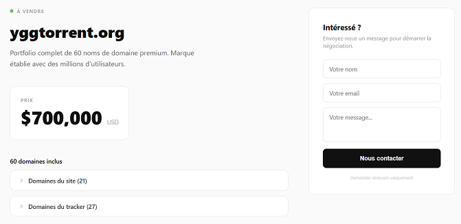 [Capture page de vente des noms de domaine de Ygg]