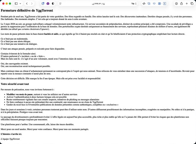 [Message de la team YggTorrent]
